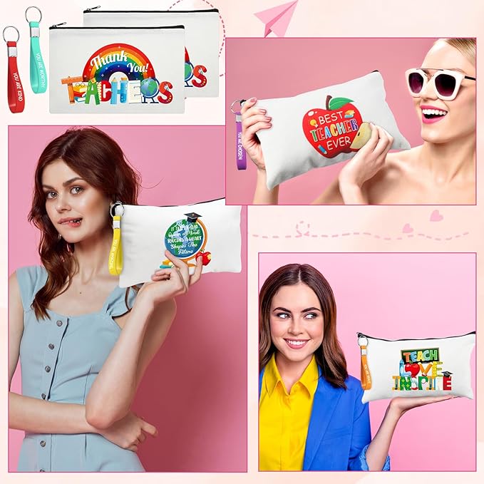 Capoda 56 Pcs Teacher Appreciation Gifts in Bulk 28 Inspirational Flax Cosmetic Bags for Women 28 Motivational Quote Keychains Thank You Gifts for Teacher's Day Graduation Back to School(White)