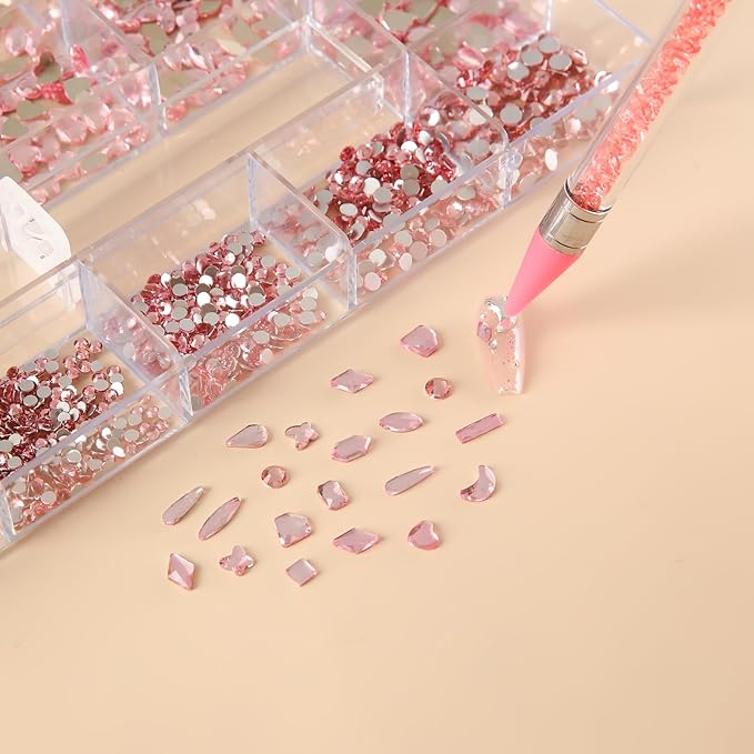600 Multi-Shape Rhinestones + 3800 Flat Diamonds Mix 20 Styles of Flat Rhinestone Crystals 3D Decorative Flat Stone Gemstone Set + Drill Pen. Suitable for Nail Art.