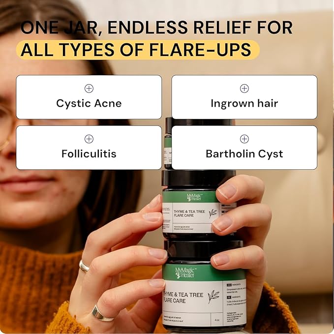 Thyme & Tea Tree Flare Care | Solution for Painful Pimples, Cystic Acne, Ingrowns, Folliculitis, Groin Flare Ups, Razor Bumps | Bartholin | Safe Flare-Up Solution with Egg Yolk Extract & Tea Tree 1 oz