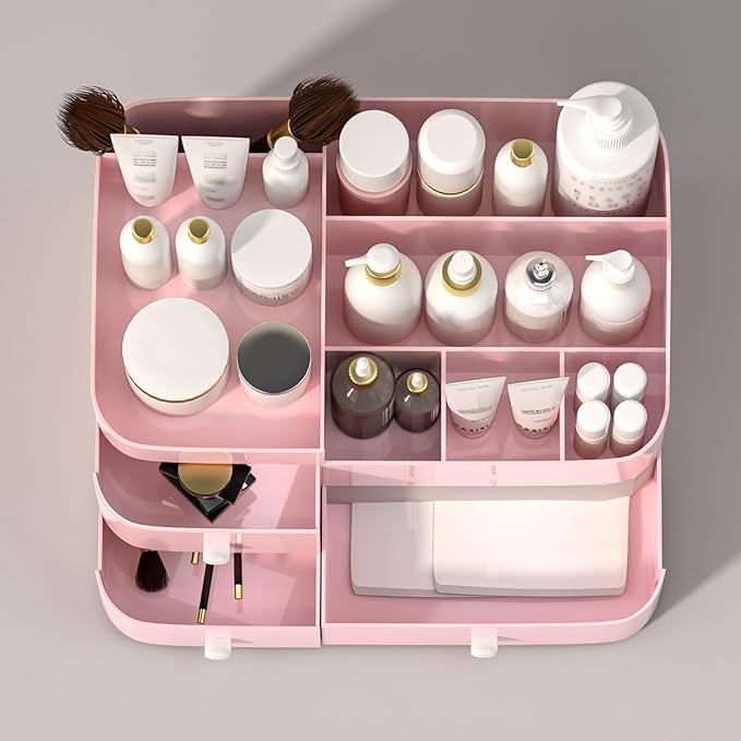 MIUOPUR Makeup Organizer for Vanity, Large Capacity Desk Organizer with Drawers for Cosmetics, Lipsticks, Jewelry, Nail Care, Skincare, Ideal for Bedroom and Bathroom Countertops - Large Pink