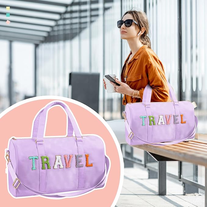 2 Pcs Preppy Chenille Letter Duffle Bag and Makeup Pouch, Travel Tote Bag Cosmetic Zipper Patch Makeup Bag (Light Purple)