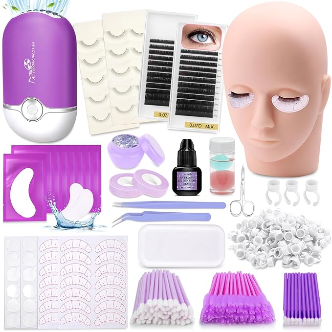 Eyelash Extension Kit for Beginners, Professional Lash Extension Supplies Set with Mannequin Head Lash Fan Extension Glue Eyelash Remover Tweezers, Practice Lash Training Tool for Eyelash Extensions