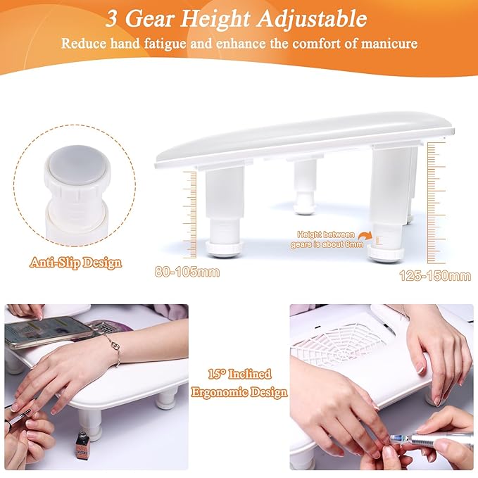 Arm Rest for Nails Tech, 3 Height Adjustatle Nail Arm Rest Stand, U Shaped Manicure Hand Rest, Soft PU Leather Fabric for Manicurists Nail Salon Supplies - White