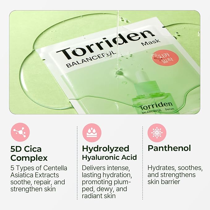 Torriden BALANCEFUL Cica Facial Masks (10 sheets) | Extra Soothing Care | 5D CICA, Hydrolyzed Hyaluronic Acid, Panthenol | Korean Face Mask