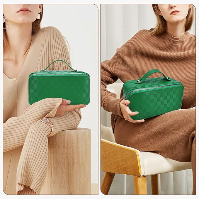 Cessfle Large Capacity Travel Cosmetic Bag Plaid Checkered Makeup Bag Portable Leather Waterproof Skincare Bag with Handle & Divider for Women, 01-Green