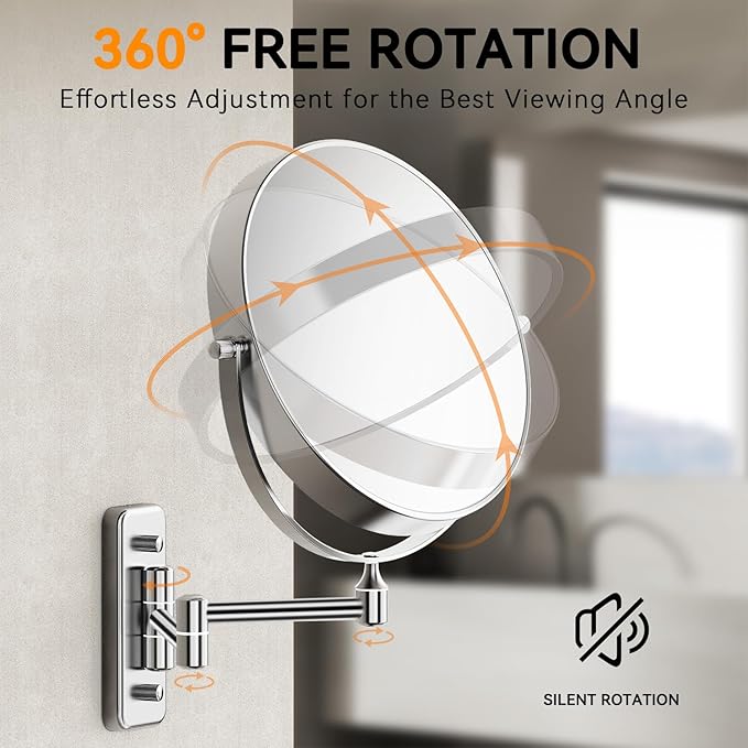 1X/20X Wall Mounted Makeup Mirror, 8'' 20X Magnifying Double-Sided Mirror with Tweezers, Bathroom Vanity Makeup Mirror, Cosmetic Mirror with 360 Rotation Extendable Swivel Arm, Chrome