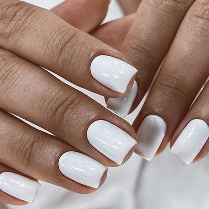 Modelones Pure White Press on Nails for Women, Short Square Fake Nails, Reusable Nail Kit with Nail Glue Adhesive Tabs Mini Nail File, Nails Press Ons 32Pcs16 Sizes, Women Girl Gift