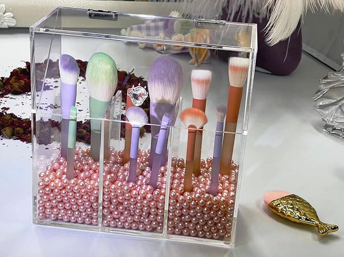 Acrylic Makeup Organizer ,clear Cosmetic brush storage box with 3 Brush Holders ,Makeup brush holderwith dust cover, Largecapacity split design can quickly organize the desktop ( with Free