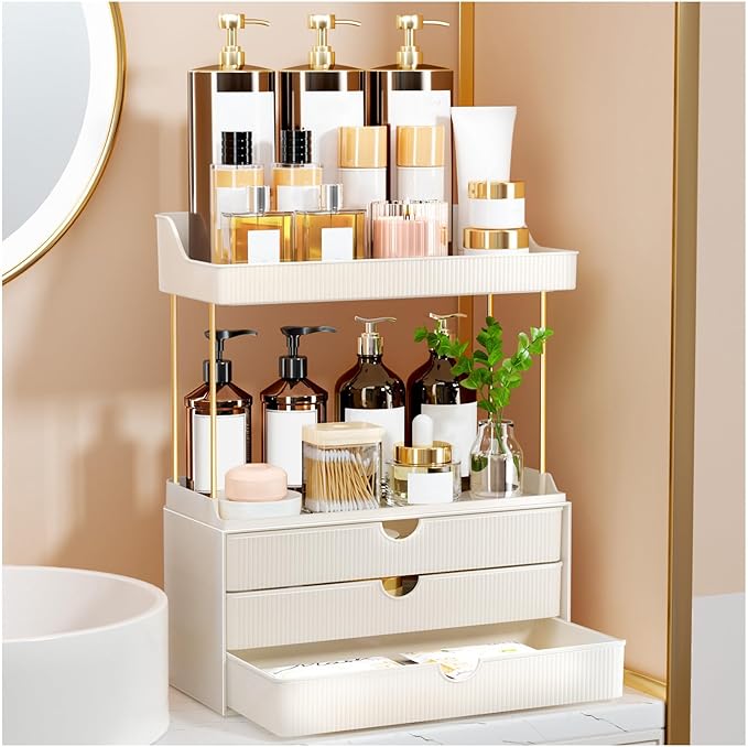3 Drawers Bathroom Counter Organizer - 5 Tier Makeup Organizer, Versatile Perfume Organizer, Ideal for Bathroom Storage, Vanity, Large Skincare, Perfume, Present, Cream White