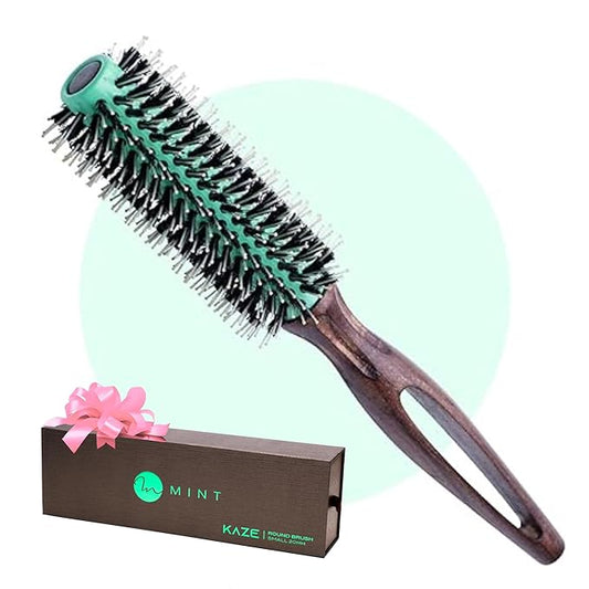 MINT Eco-Friendly Boar Bristle Round Brush for Blow Drying | Durable Blowout Styling for All Hair Types | Ceramic Round Brush with Hand-Crafted Wooden Handle (20 mm)