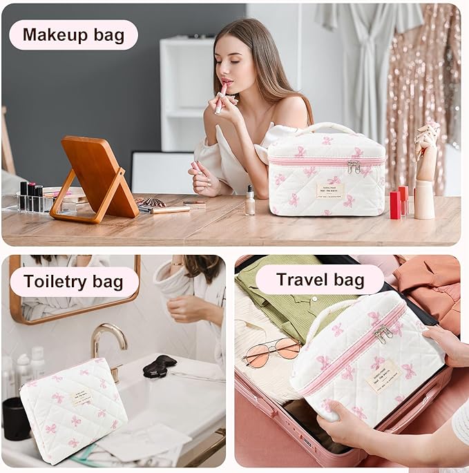 3Pcs Makeup Bag Cotton Quilted Travel Cosmetic Bag Cute Floral Makeup Pouch Large Toiletry Bag for Women Girls (Bow-Pink)