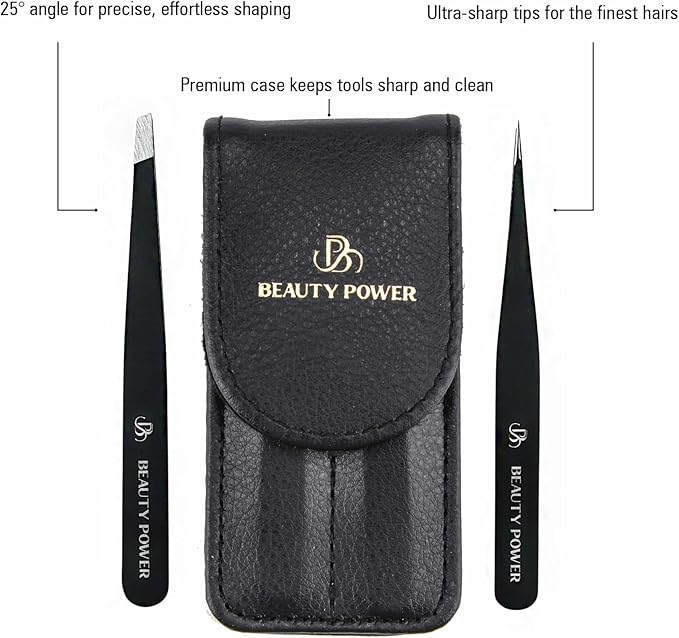 Professional Tweezers Set – Slant & Point, Ultra Precision German Stainless Steel Tweezers for Eyebrows, Chin, Ingrown Hair & Facial Grooming – Lightweight with Travel Case (Matte Black)