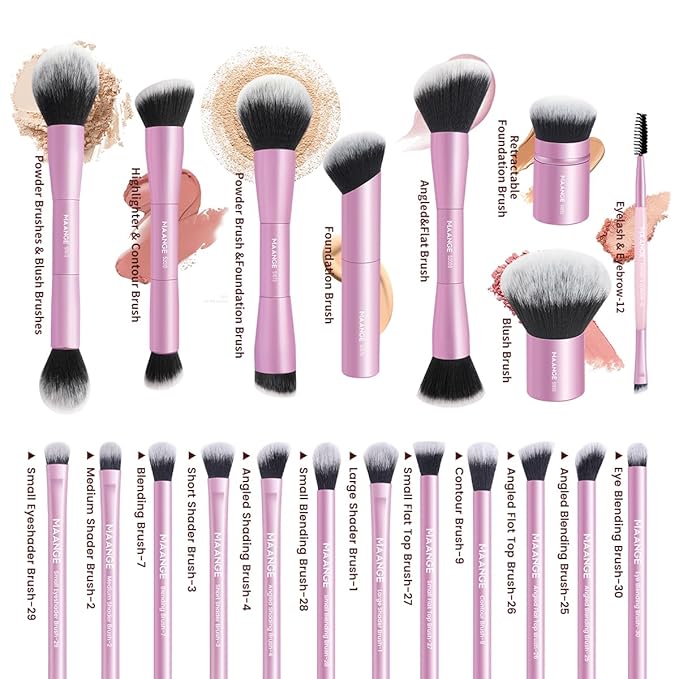 MAANGE 20 PCS Foundation Makeup Brush Set, Double-ended Kabuki Contour Brush for Liquid Powder Concealer Blending Blush Buffing Makeup Tools (Pink)