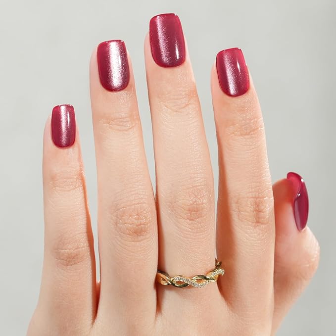 Wine Red Cat Eye Christmas Press on Nails Short - Translucent Red, Jofay Fashion 5 Set Short Square Fake Nails Acrylic False Nails Reusable Full Cover Stick on Nails for Women Girls Gift