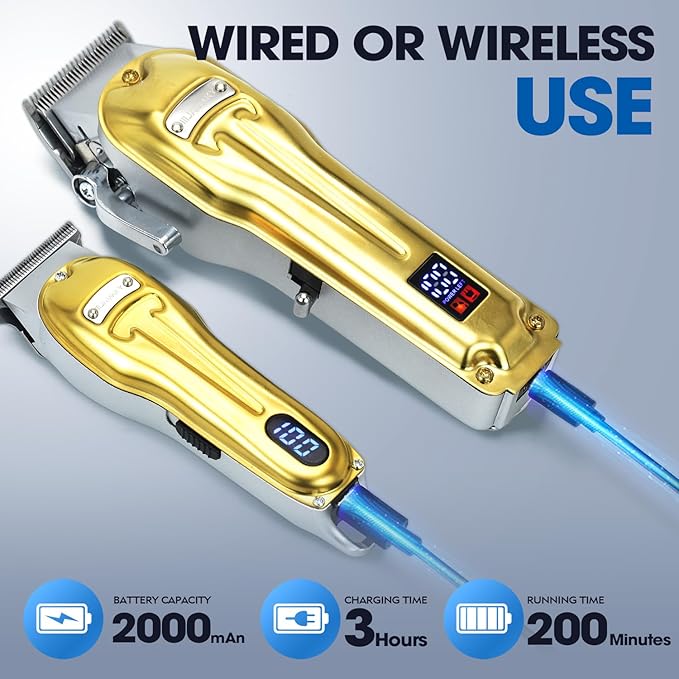 2 in 1 Hair Clipper for Men, Gold Clipper for Barber, Wired or Wireless Use, Clipper and Trimmers Set Professional, Zero Gap Beard Trimmer, with LED Display, 6500 RPM, Barber Kit