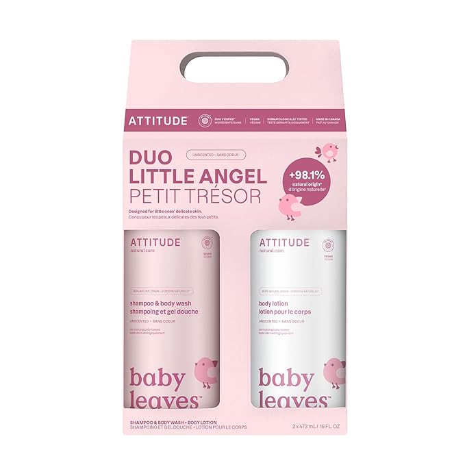 ATTITUDE Baby 2-in-1 Shampoo & Body Wash and Baby Lotion Set, EWG Verified, Dermatologically Tested Soap and Moisturizing Cream, Vegan, Unscented, 16 Fl Oz each