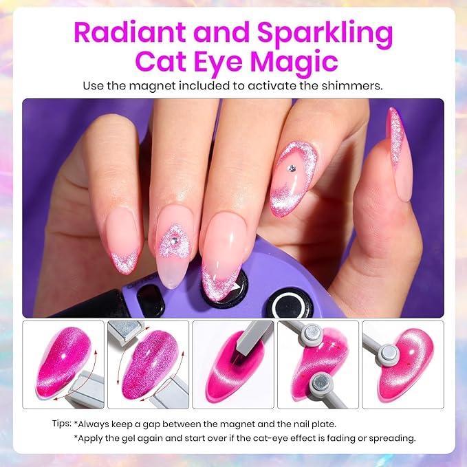 Beetles Cat Eye Gel Nail Polish, 6 Colors Cat Eye Glitter Gel Polish Set Spring Summer Neon Colors Red Pink Purple Blue Green with Magnet Velvet Kit French Nail Art Manicure Gift for Women