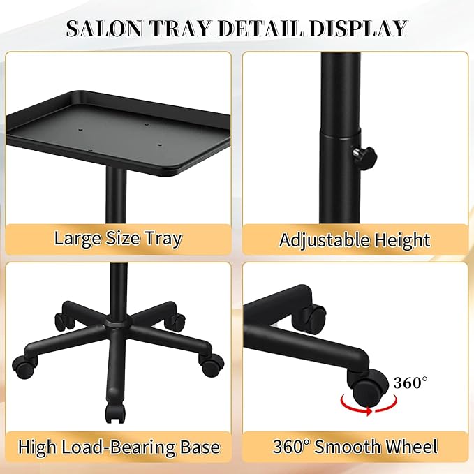 Salon Tray on Wheels, Black Salon Tray Cart with Adjustable Height, Tattoo Rolling Tray, Metal Service Instrument Storage Tray for Salon&Home Use