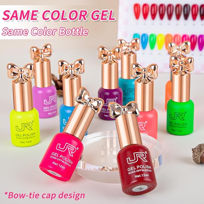 JR Gel Nail Polish 10pcs 0.4oz Neon Gel Nail Polish Set - Vibrant Neon Colors Nail Art Kit for Rave & Summer Festivals, Elegant Bow Bottle Design, Quick Dry & Chip-Resistant Gifts for Women E Model