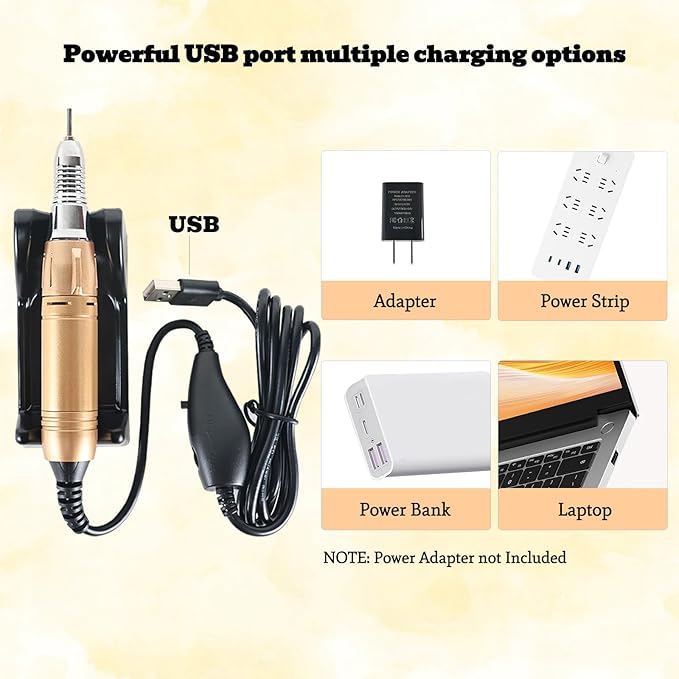 Professional Electric Nail Drill, USB Portable Nail E File Cordless Machine Set for Acrylic Gel Nails, Manicure Pedicure Fast Removal Tool with Nail Drill Bits Sanding Manicure Salon Home (Gold)