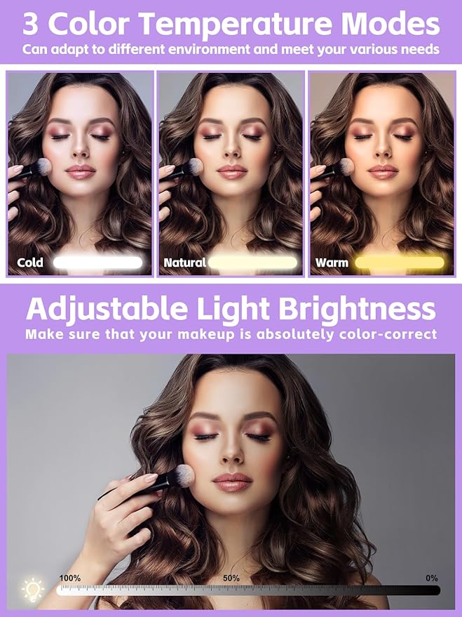 Kalolary Travel Makeup Train Cases with Lighted Mirror 3 Color Setting, Makeup Bag Cosmetic Case Organizer Adjustable Brightness Portable Makeup Storage Box with Detachable 5X Magnifying Mirror Purple