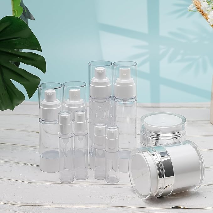 34 Pack Airless Pump Jars Set, 1.7/1/0.7/0.34oz Refillable Travel Size Containers, Leak-Proof Toiletry Bottles for Skincare and Creams, Lotion, Eye Cream, Liquid, Foundation, Shampoo