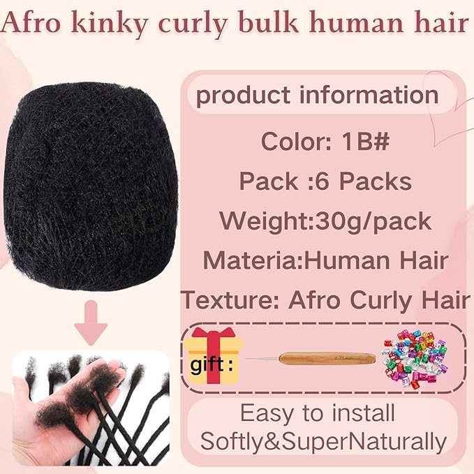 Afro Kinkys Bulk Human Hair for Dreadlock Extensions,Repair Locs, Twists and Braids, 180 Gram Each Package 100% Human Hair Afro Kinky Bulk Can be Dyed and Bleached (Natural Black, 8inch)