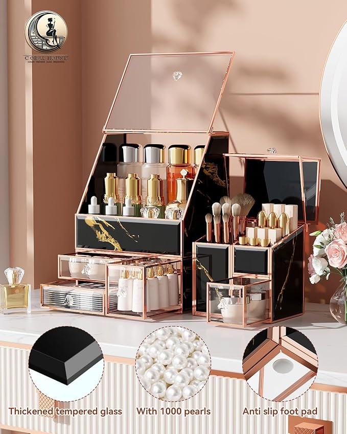 Makeup Organizer Black,Glass Vanity Organizer for Skincare, Perfume, Brushes & Lipsticks – Countertop Makeup Storage Box for Women, Bathroom or Dresser