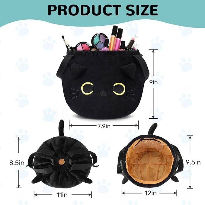 Funny Cat Drawstring Makeup Bag - Large Capacity Cute Travel Toiletry Bag Cosmetic Bag Pouch Organizer - Valentines Day Mothers Easter Birthday Unique Gifts for Women Girls Cat Lovers-Black
