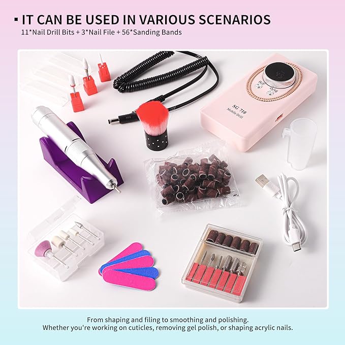 LimeGirl Electric Nail Drill Professional for Acrylic Nail Kit, Portable Electric Manicure Pedicure Polishing Set with 13 in 1 Nail Drill Bits Kit, 2024 Upgraded Electric Nail File 45000RPM (Pink)