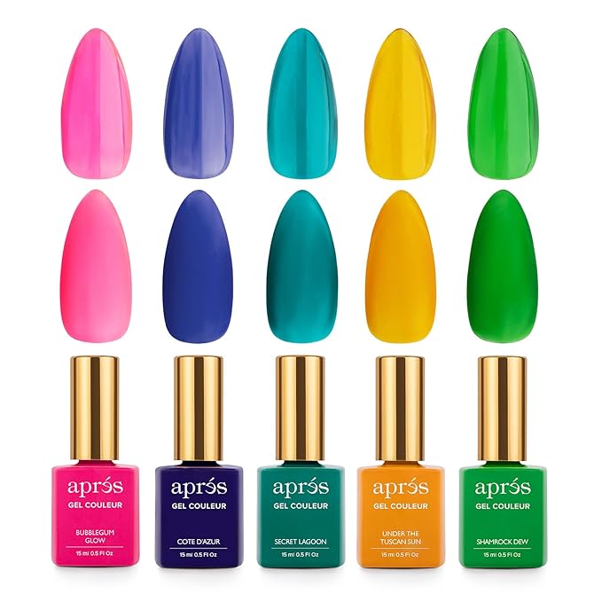 Apres Gel Couleur Combo Set, 5 Color Gel Nail Polish, Bright Nude Pastel Colors with Brush-X Nail Art Brush, 2024 Edition (Set 7)