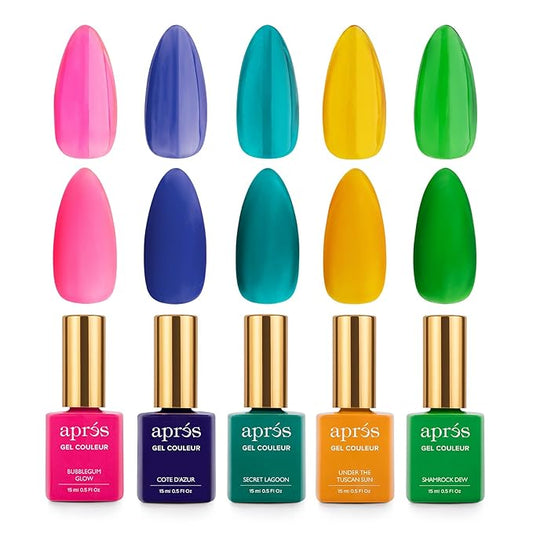 Apres Gel Couleur Combo Set, 5 Color Gel Nail Polish, Bright Nude Pastel Colors with Brush-X Nail Art Brush, 2024 Edition (Set 7)
