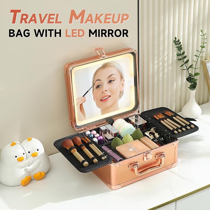 Leeora&Leekoo Makeup Box with LED Mirror & Aluminum Frame, Compact Multi-Layer Cosmetic Organizer - Portable ABS Travel Train Case for Makeup Storage(Gift for Girlfriend/Daughter) (Gold)