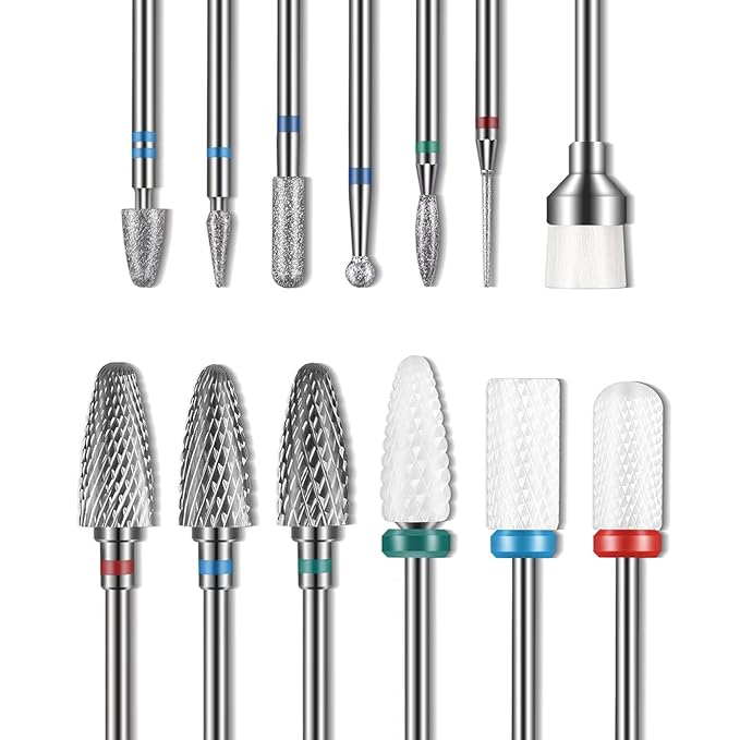 Depvko 13PC Nail Drill Bits Set, Drill Bits for Nails, 3pcs Tungsten Carbide Drill Bits+ 3pcs Ceramic Efile Nail Drill Bits+ 6pcs Cuticle Drill Bits+ 1pcs Brush, 3/32 inch Nail Bits for Nail Drill