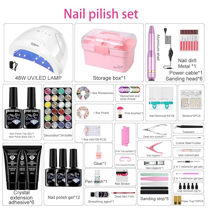 Gel Nail Polish Kit for Women with 6 Colors Extension Poly Nail Gel set, 48W UV Lamp, 12pcs nail polish set with Base Coat and Top coat,Professional Manicure Tool for Home DIY Salon