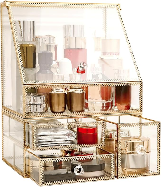 CONHENCI Large Glass Makeup Organizer Drawer Set Beauty Storage Bathroom Counter Organizer Cosmetic Display (11.5inx8.5inx5.5in)