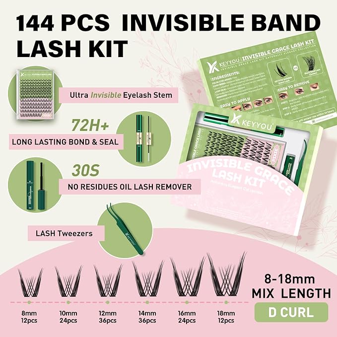 Pixie Lash Clusters Kit Fairy Lash Extension Kit D Curl 144Pcs Eyelash Extension Kit Wispy Natural Invisible Band Lash Kit with Waterproof DIY Lash Extension Kit at Home(Pixie-D-8-18MIX)