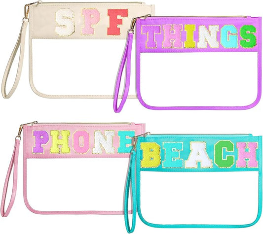 Buryeah 4 Pcs Chenille Letter Pouch Flat Nylon Clear Snack Bags Flat Multipurpose Zipper Makeup Bag for Travel Toiletry Bag Water-proof Cosmetic Pouch for Women(Modern Style)