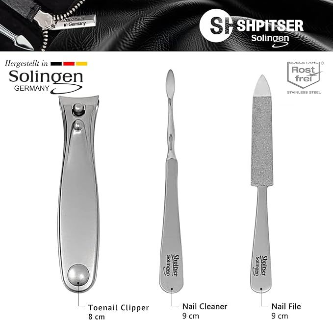 Shpitser Solingen Luxuries TopInox Surgical Stainless Steel German Hand Sharpened Manicure Pedicure Travel Set Grooming kit In Italian Leather Case Made in Solingen Germany (Dark Drown)
