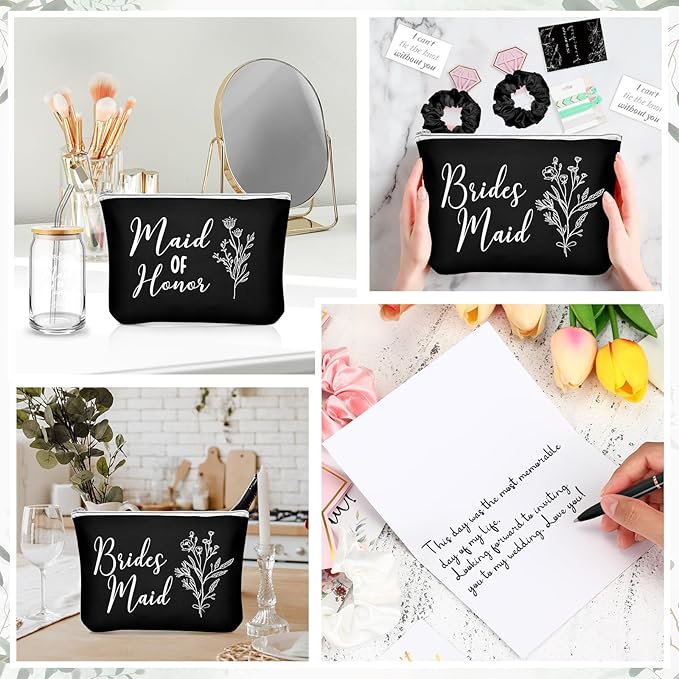 Irenare 36 Pcs Bridesmaid Proposal Gifts Bridal Shower Gifts 16 oz Glass Cup Cosmetic Makeup Bags Invited Cards Scrunchies Hair Knotted Bracelets Diamond Pens Favors for Wedding (Black)