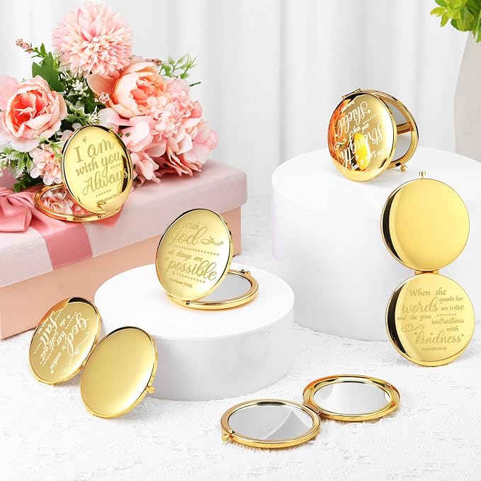 Thyle 12 Pcs Christian Compact Mirror Gifts for Women Bible Verse Bulk Hand Makeup Compact Purse Mirror Inspirational Religious Baptism Gift for Teacher Mother's Day Women Nurse(Gold)