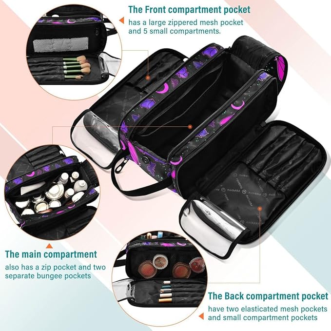 MNSRUU Travel Makeup Bag, Purple Bat Gothic Makeup Bag Large Capacity Cosmetic Bag Organizer, Portable Toiletry Bag for Travel Size