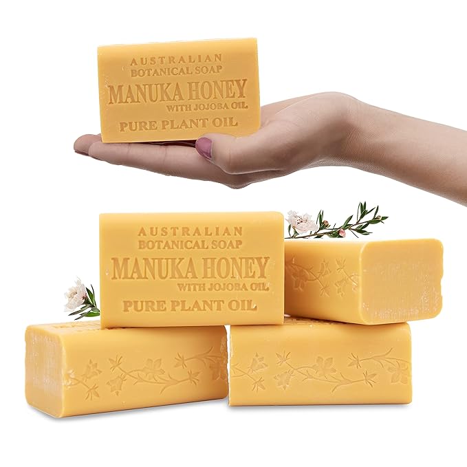 Australian Botanical Soap Manuka Honey with Jojoba Oil 6.6 OZ Luxury Soap Bars Enriched with Shea Butter Suitable for Men, Women and All Skin Types, Pack of 4