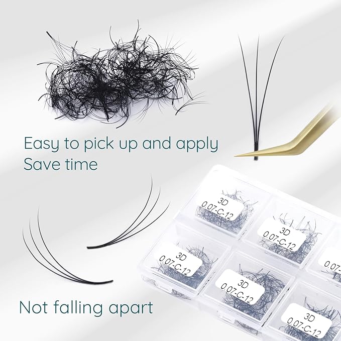 Obeyalash Lash Extension Premade Fans 600 Pcs Loose Fans Handmade Short Stem 3D Pomade Lash Fans 0.07mm C Curl Volume Lash Extensions 12mm Pre Made Fans Lash Extensions(3D-0.07C-12MM)