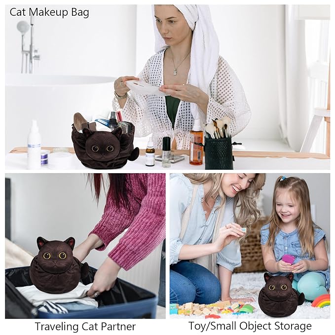 Drawstring Makeup Bag, Cat Makeup Bag, Travel Makeup Organizer, Cosmetic Pouch Bag, Cat Gift for Women, Lay Flat Makeup Bag Gifts for Cat Lovers(2-Pack)