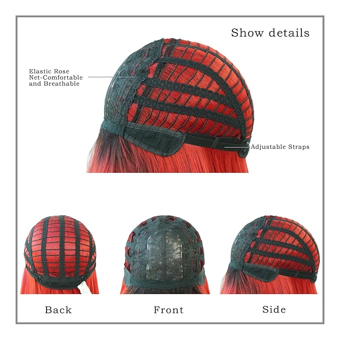 7JHH WIGS Long Wavy Wig Red and Black Layered Wig with Curtain Bangs, Synthetic High Density Heat Resistant Hair Straight Wig ends dyed black for Daily Party 25 Inches