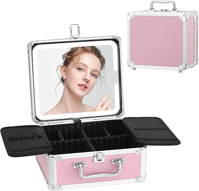 Leeora&Leekoo Makeup Box with LED Mirror & Aluminum Frame, Compact Multi-Layer Cosmetic Organizer - Portable ABS Travel Train Case for Makeup Storage(Gift for Girlfriend/Daughter) (Pink1)