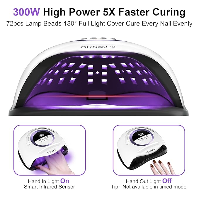 UV LED Nail Lamp Professional 300W Nail Dryer Light with Gloves,UV Light for Gel Nail Polish Kit,Fast Curing Gel X Polish Lamp with Smart Sensor 4 Timer 72 Beads,Nail Art Tools for Manicure Pedicure