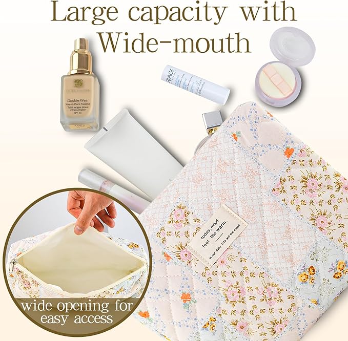 Makeup Bag, 3 PCS Quilted Makeup Bag, Cute Floral Cotton Cosmetic Bag set, Coquette Makeup Pouch Large Travel Toiletry Bag