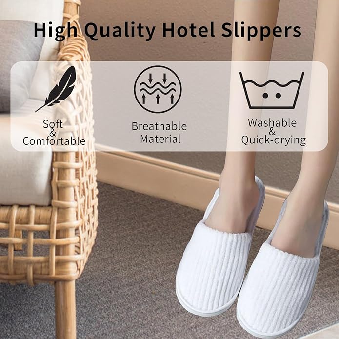 Disposable Slippers for Guests, 10 Pairs - Coral Fleece Hotel, Non-Slip SPA Slippers, Unisex Washable Reusable for Hotel & Travel Guests